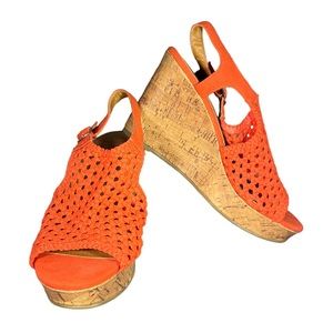Jellypop Orange fabric cork wedge heels. Size 9.
